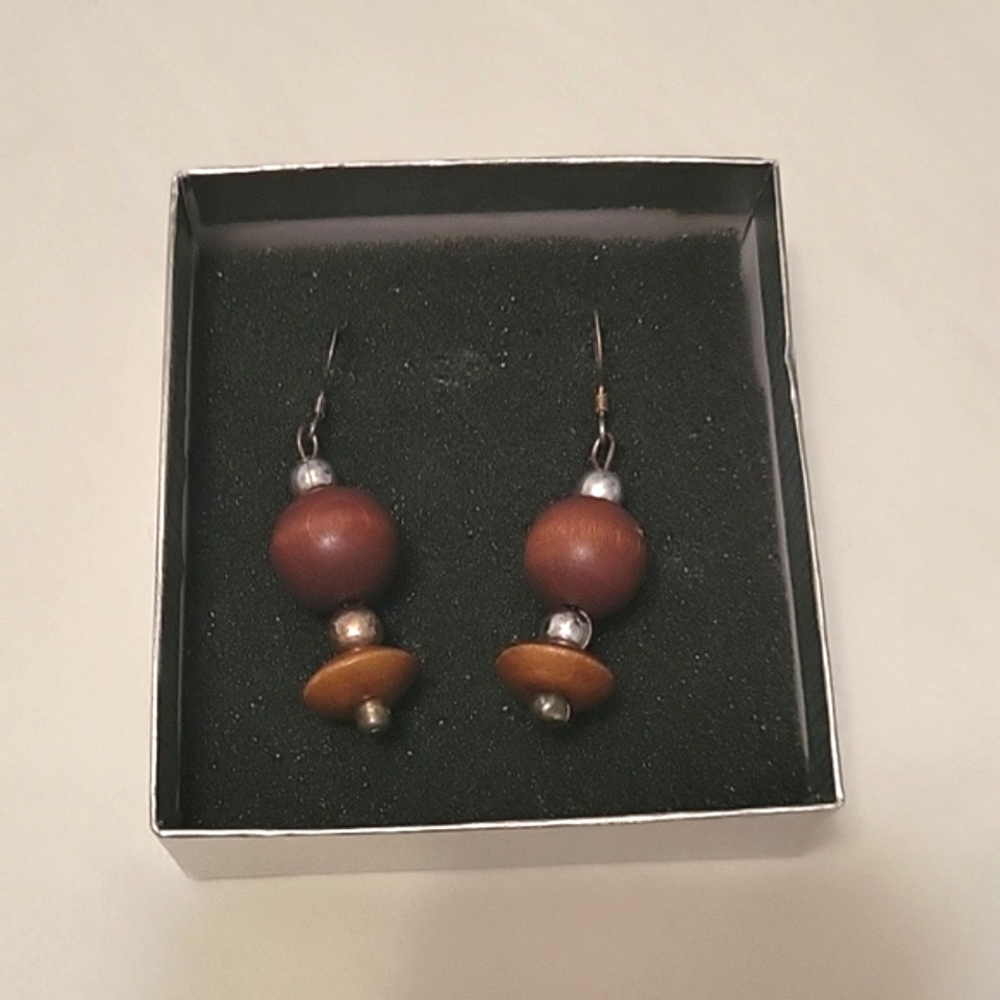 Wood and Silver-tone fish hook earrings handmade